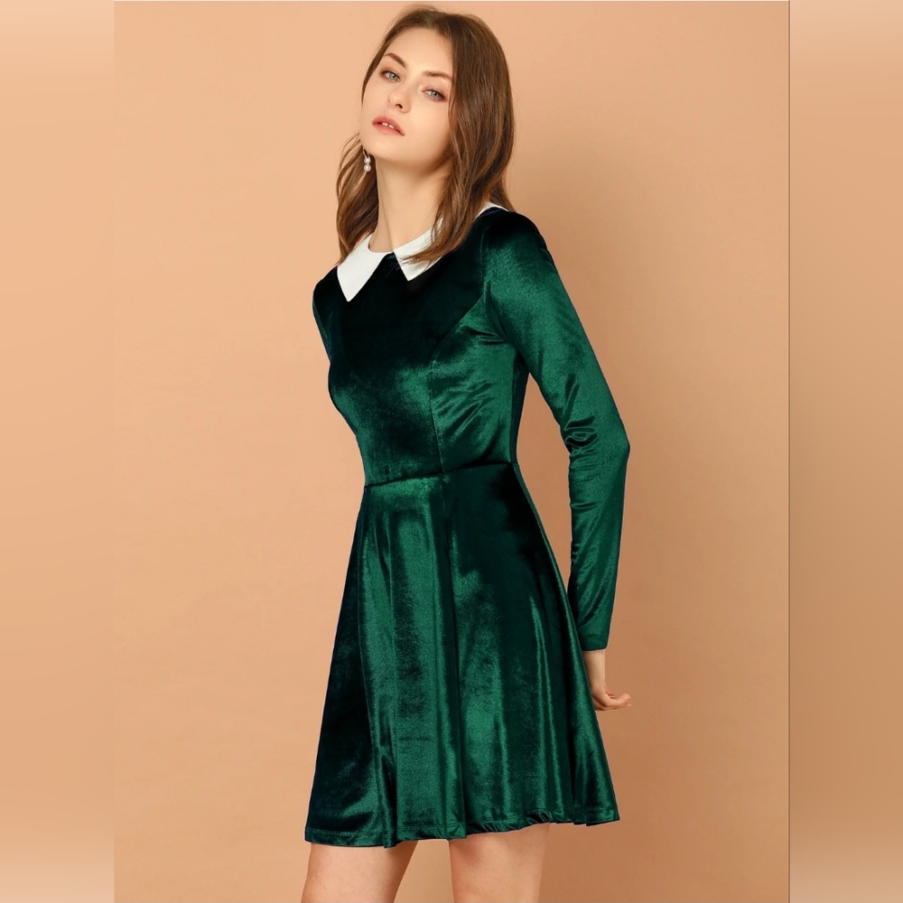 Allegra K Dress Size S Green White Peter Pan Collar Stretchy Wednesday Addams